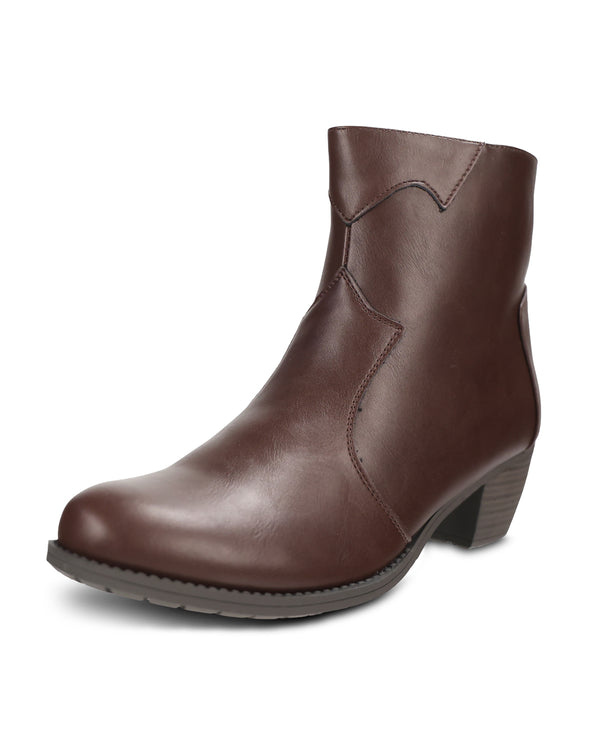 A dark brown leather ankle boot with a low block heel, shown from a three-quarters angle on a white background.