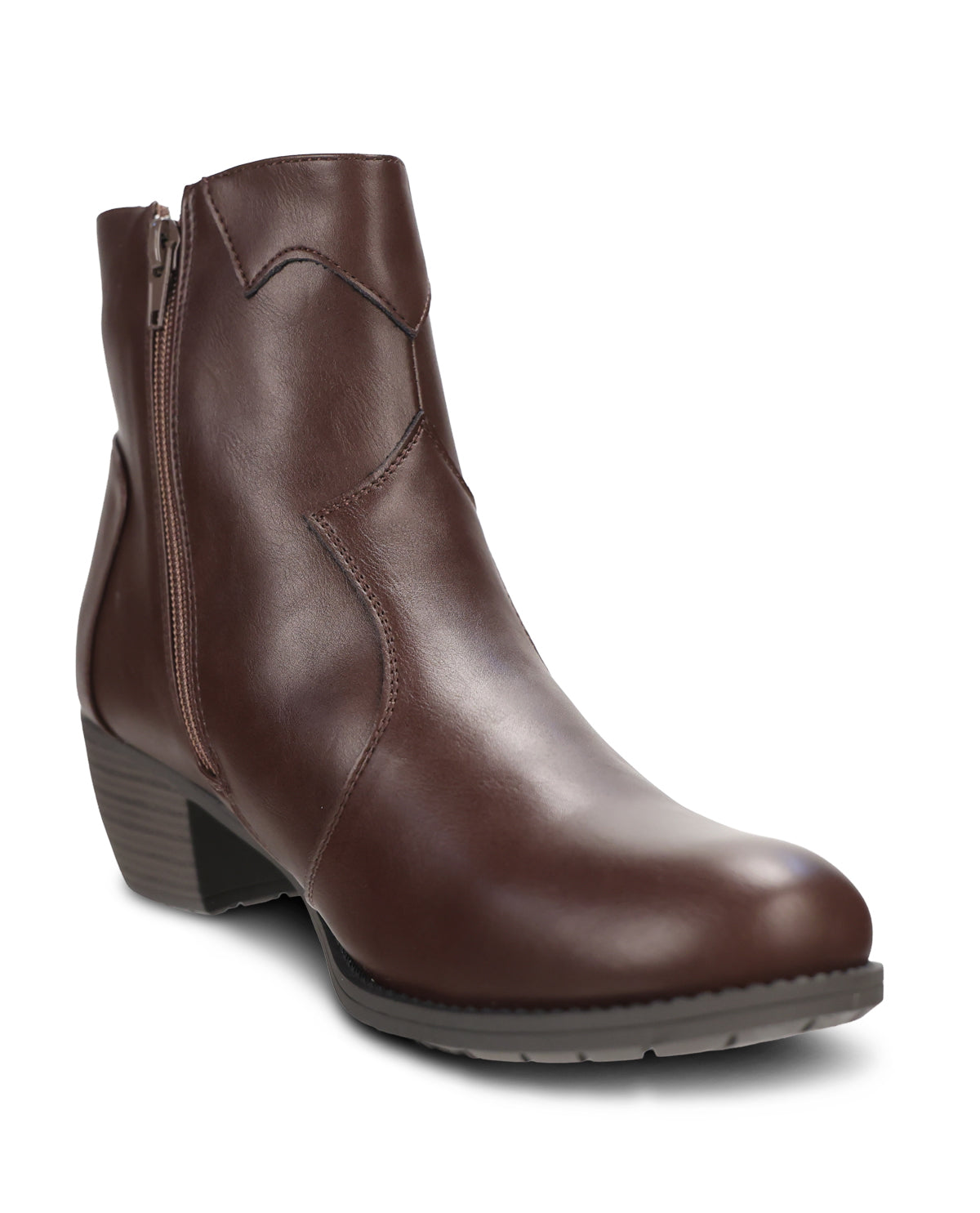 A dark brown leather ankle boot with a side zipper, western-style stitching, and a low block heel, shown from a three-quarters angle on a white background.