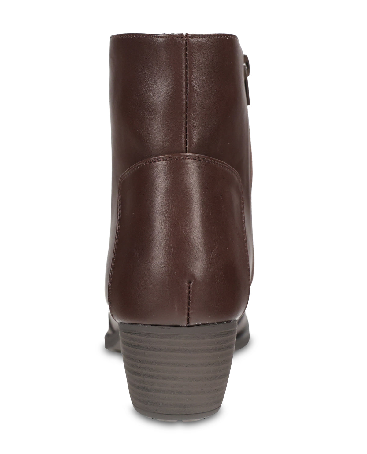 A dark brown leather ankle boot shown from a rear three-quarter view, featuring a stacked block heel and a side zipper, set against a plain white background.