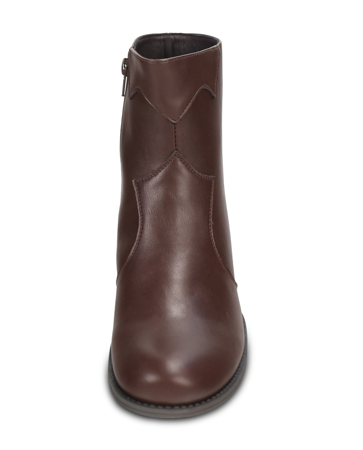 A dark brown leather ankle boot with western-style stitching, shown from a front-facing perspective on a white background.