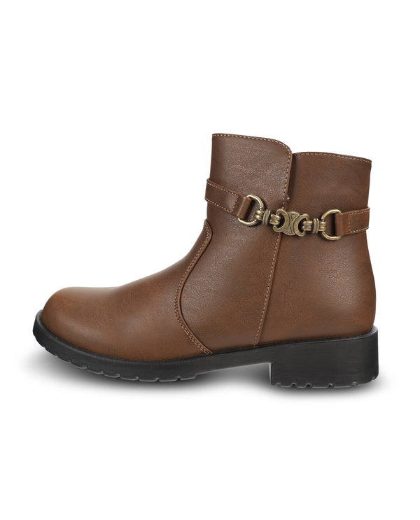 A brown faux-leather ankle boot with a side strap and decorative gold-tone metal hardware, shown from a side profile on a white background.
