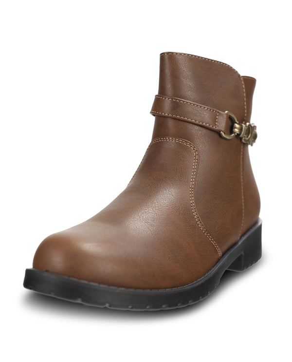 A brown faux-leather ankle boot with a side buckle strap and a black sole, shown on a plain white background.