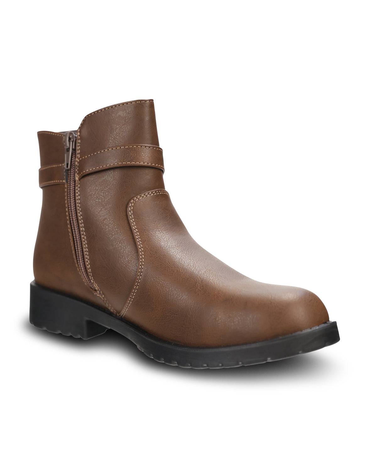 A brown faux-leather ankle boot with a side zipper and a decorative strap detail, shown from a three-quarters angle on a white background.