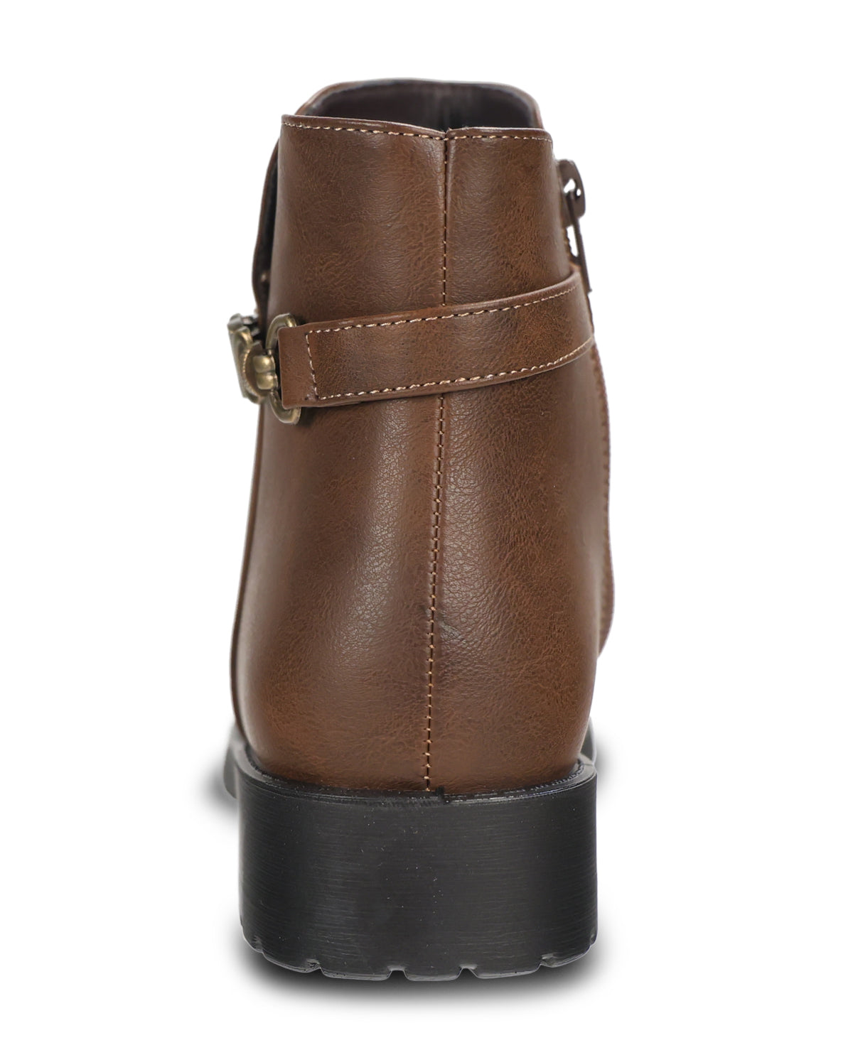 A brown faux-leather ankle boot with a side buckle strap, shown from a rear three-quarter view on a white background.