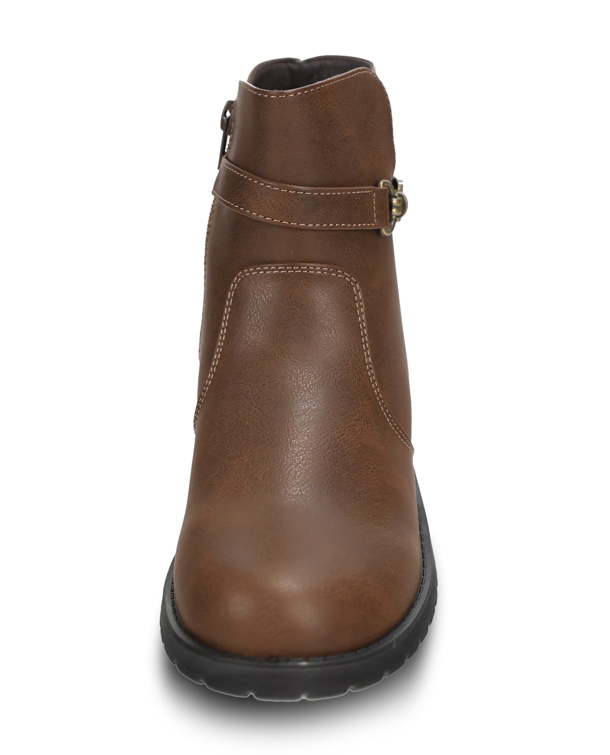 A brown faux-leather ankle boot with a side buckle strap, shown from a front-facing perspective on a white background.