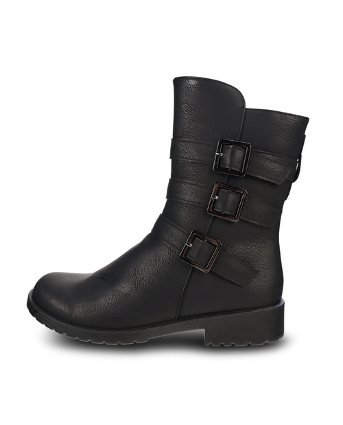A single black leather ankle boot with three decorative buckle straps on the side, shown in profile against a plain white background.