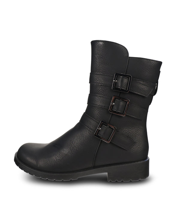 A single black leather ankle boot with three decorative buckle straps on the side, shown in profile against a plain white background.