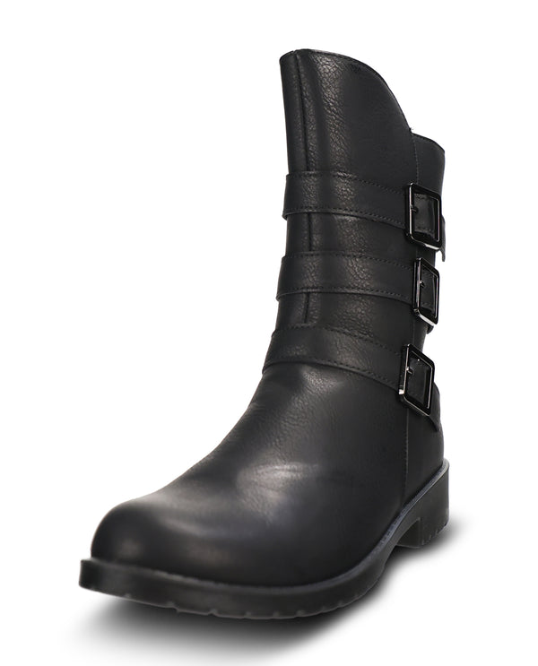 A single black leather ankle boot with three decorative strap and buckle details on the side, shown against a plain white background.
