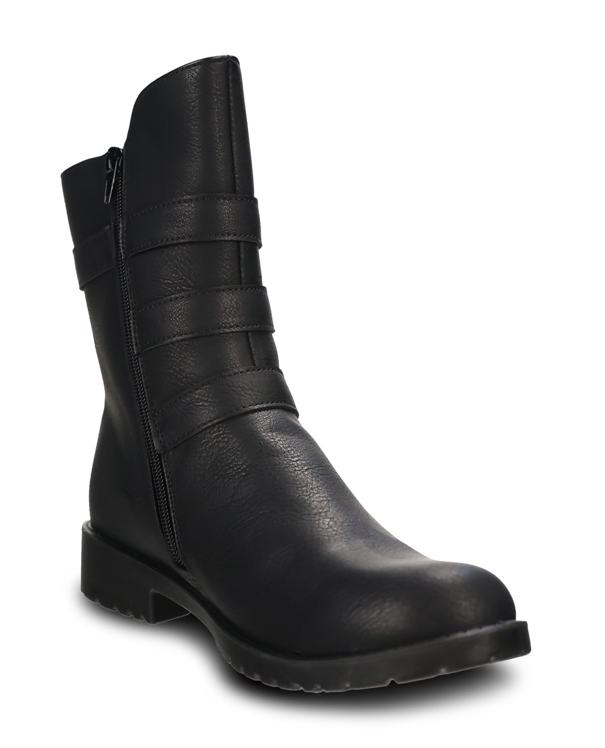 A black leather ankle boot with a side zipper, decorative horizontal straps on the shaft, and a chunky lug sole, shown against a plain white background.