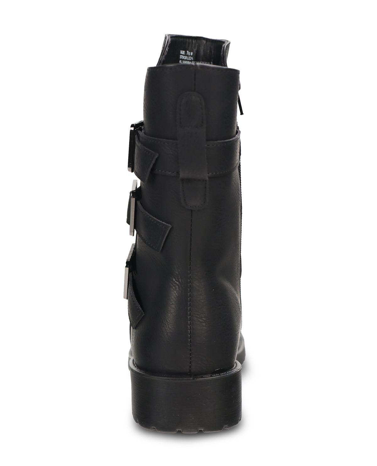 A single black leather ankle boot with three decorative buckle straps on the side, shown in profile against a plain white background.