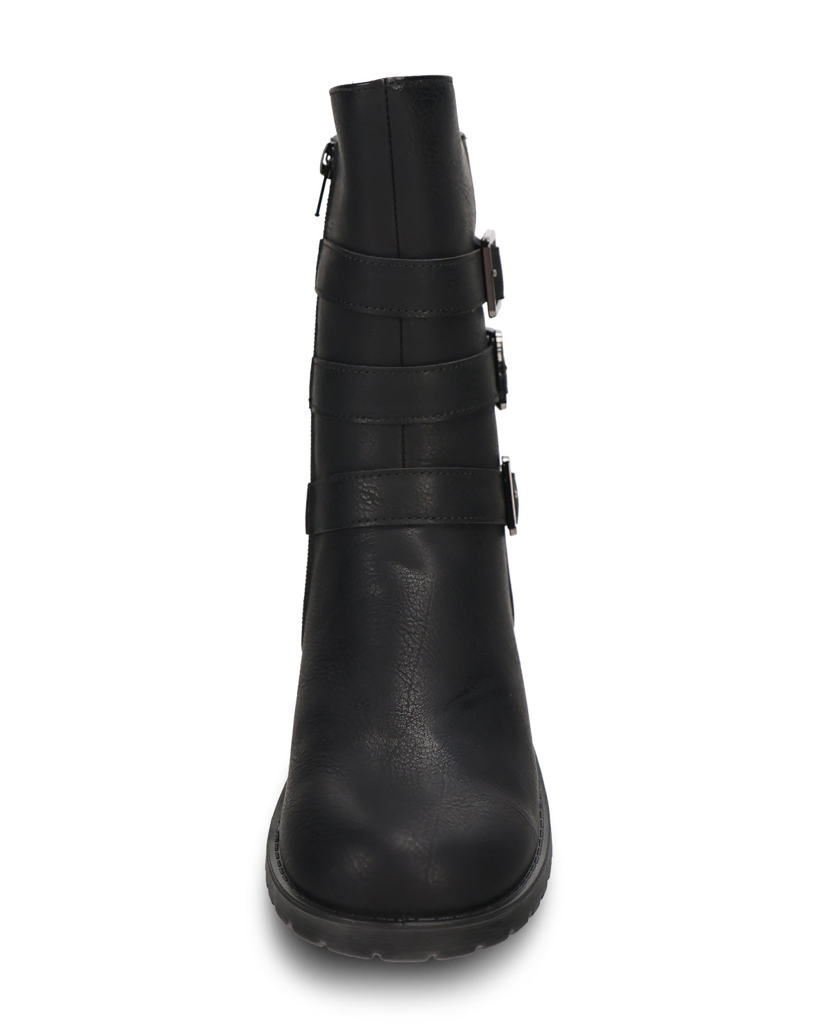 A black leather ankle boot with multiple decorative straps and buckle details on the side, shown from a front-facing perspective against a plain white background.