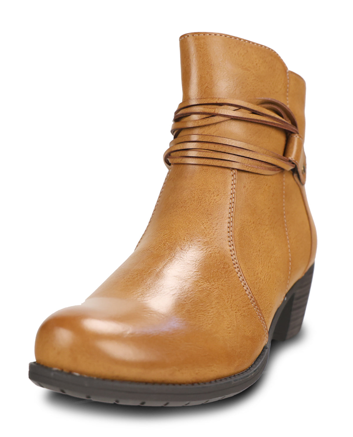 A tan leather ankle boot with a dark brown block heel and a decorative wrap-around strap detail on the side, shown against a plain white background.