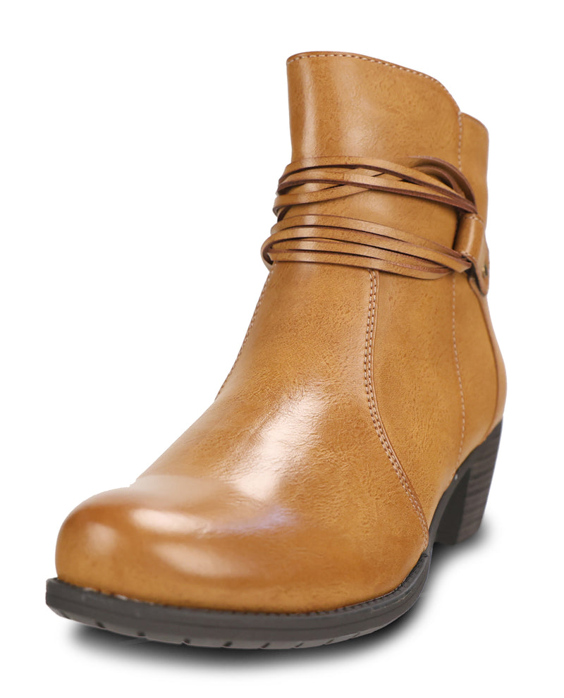 A tan leather ankle boot with a dark brown block heel and a decorative wrap-around strap detail on the side, shown against a plain white background.