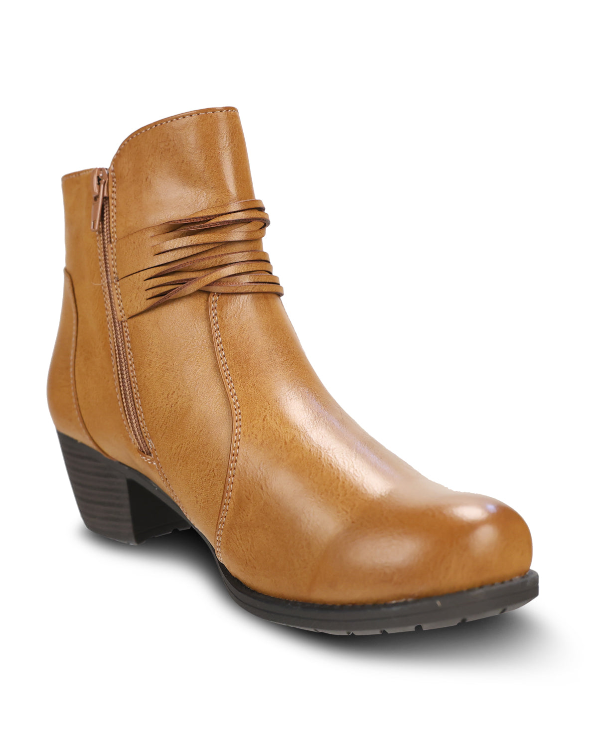 A tan faux-leather ankle boot with a side zipper, decorative faux fringe detail around the collar, and a low block heel, shown on a white background.