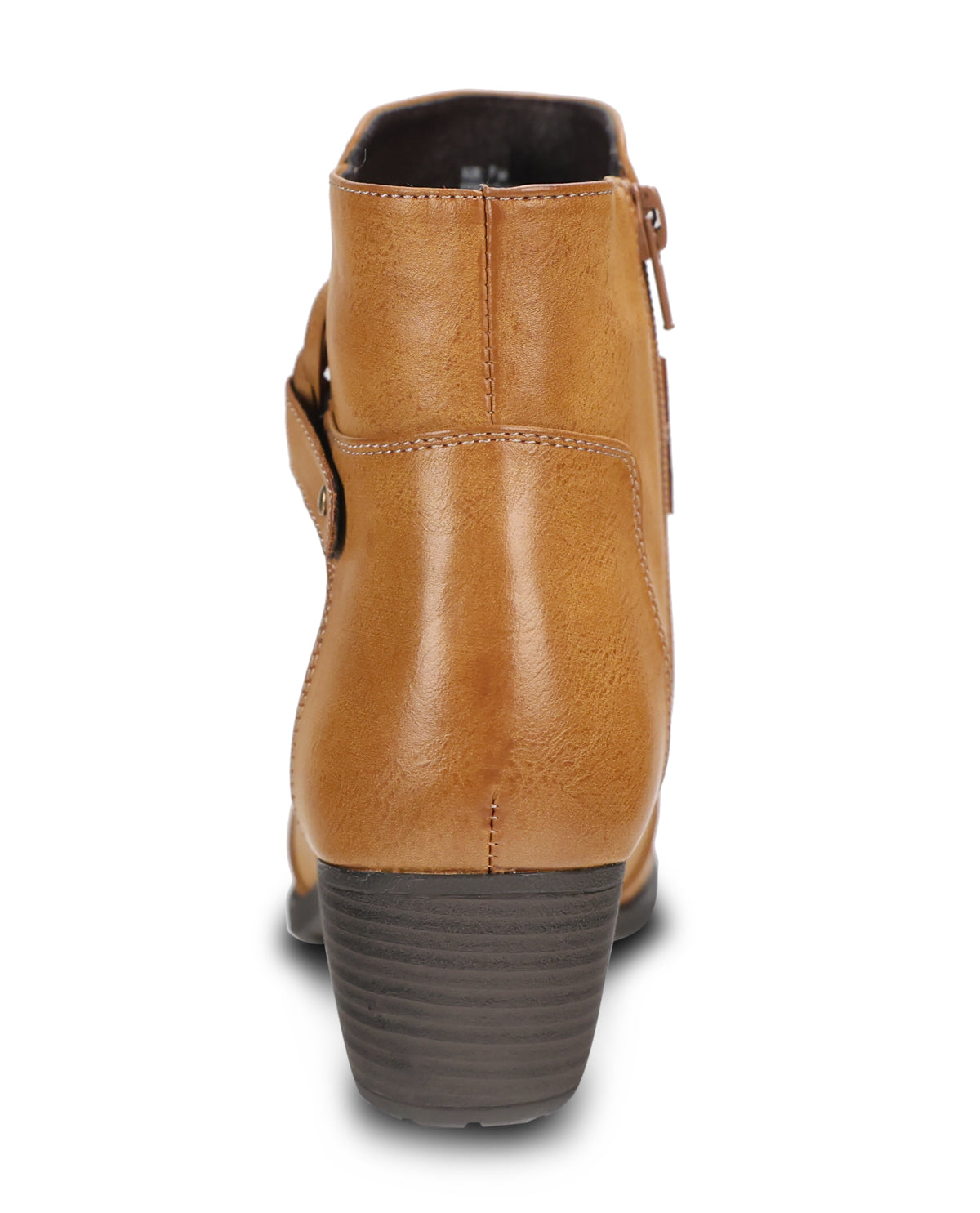 A tan faux-leather ankle boot with a dark brown stacked block heel, shown from a rear three-quarter view against a white background.