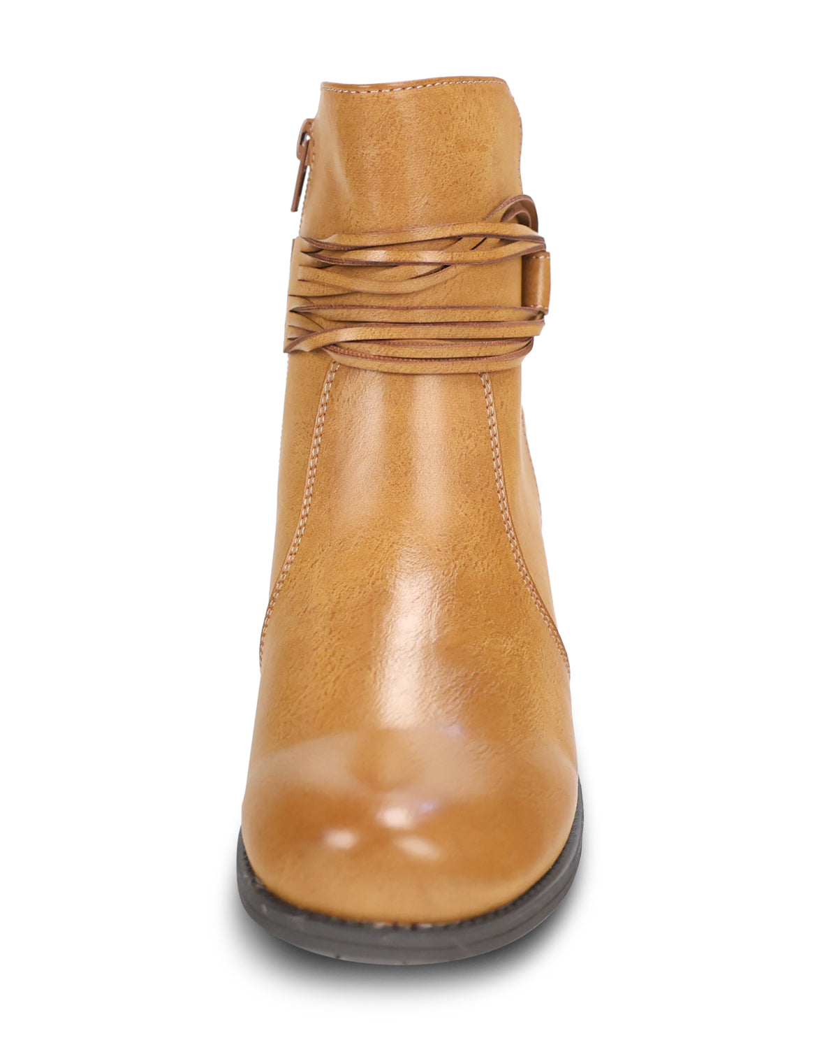 A tan leather ankle boot with a side zipper, decorative wrapped straps around the ankle, and a dark sole, shown against a plain white background.