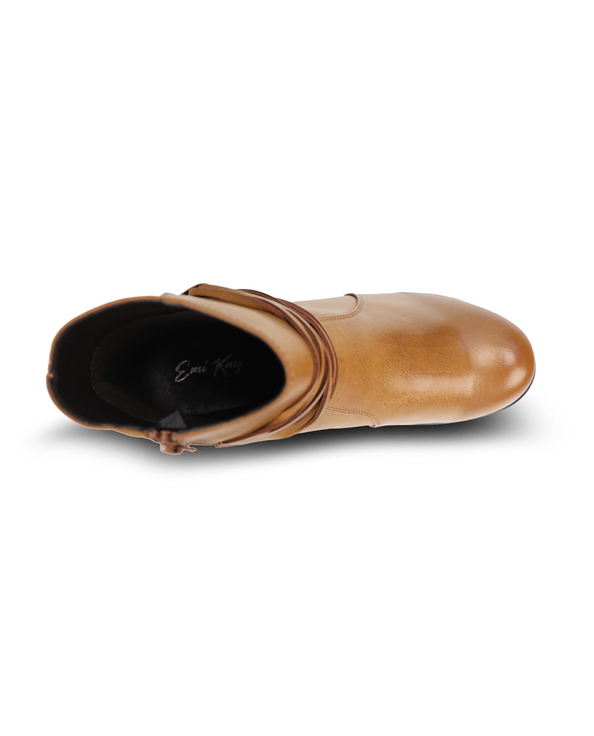 A single tan leather ankle boot shown from a side profile view on a clean white background.