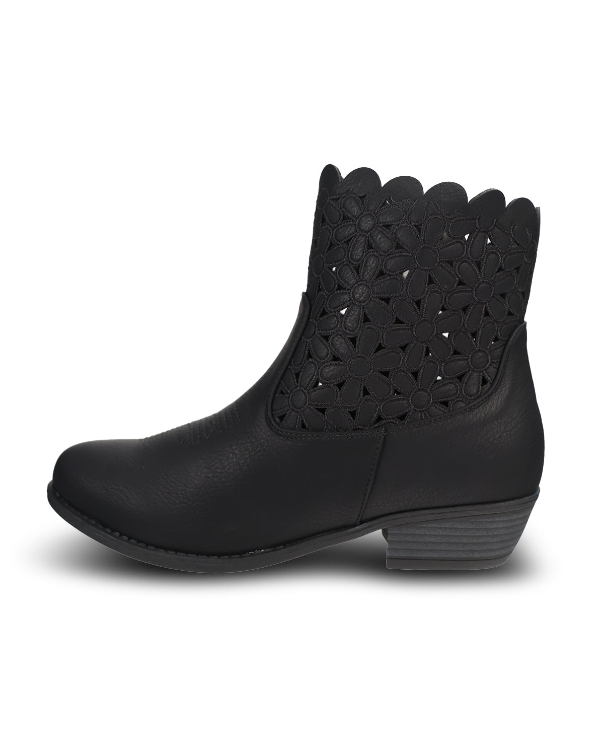 Black ankle boot with a zipper on a white background