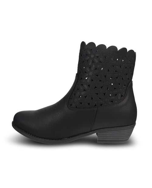 Black ankle boot with a zipper on a white background