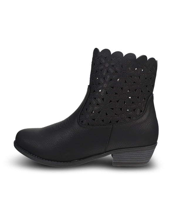 Black ankle boot with a zipper on a white background