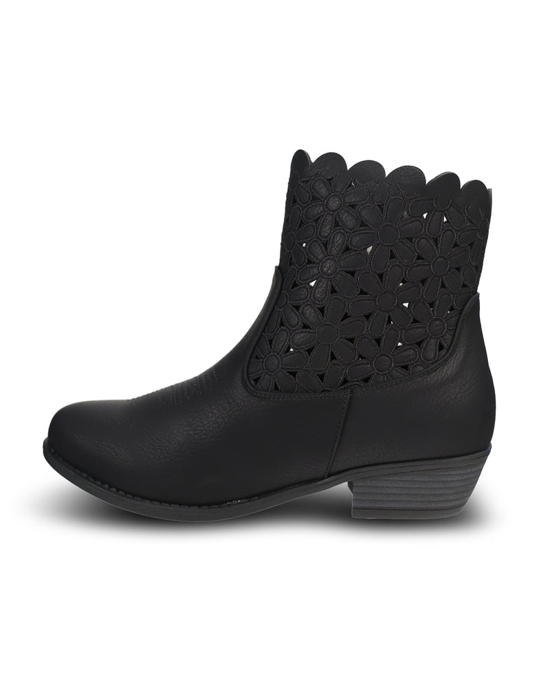 Black ankle boot with a zipper on a white background