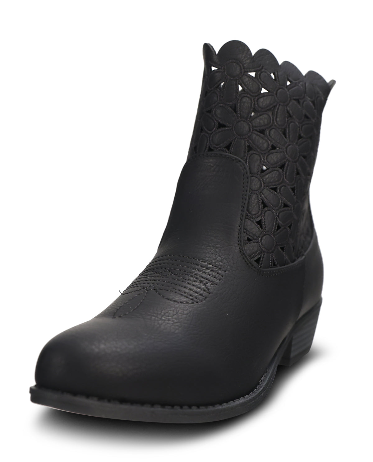 A single black leather ankle boot with a scalloped floral cutout pattern on the shaft, shown from a three-quarters angle on a white background.