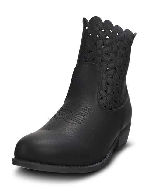 A single black leather ankle boot with a scalloped floral cutout pattern on the shaft, shown from a three-quarters angle on a white background.