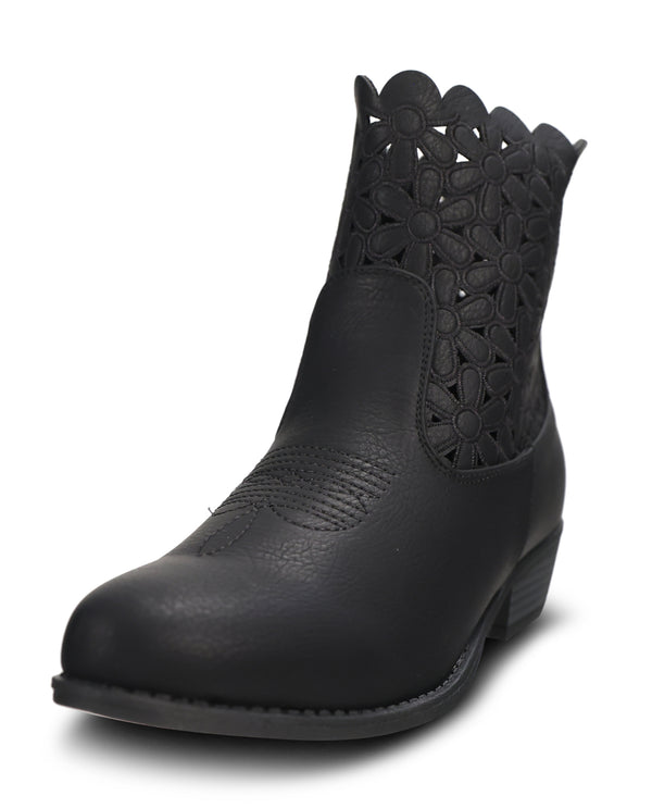 A single black leather ankle boot with a scalloped floral cutout pattern on the shaft, shown from a three-quarters angle on a white background.