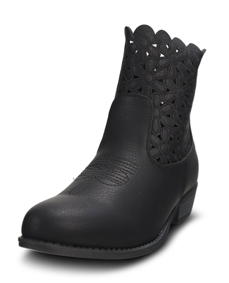 A single black leather ankle boot with a scalloped floral cutout pattern on the shaft, shown from a three-quarters angle on a white background.