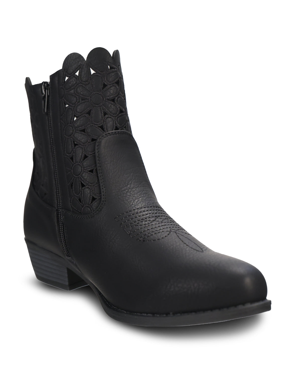 A single black leather ankle boot with decorative cutout patterns on the shaft and vamp, a low stacked heel, and a side zipper, shown against a plain white background.