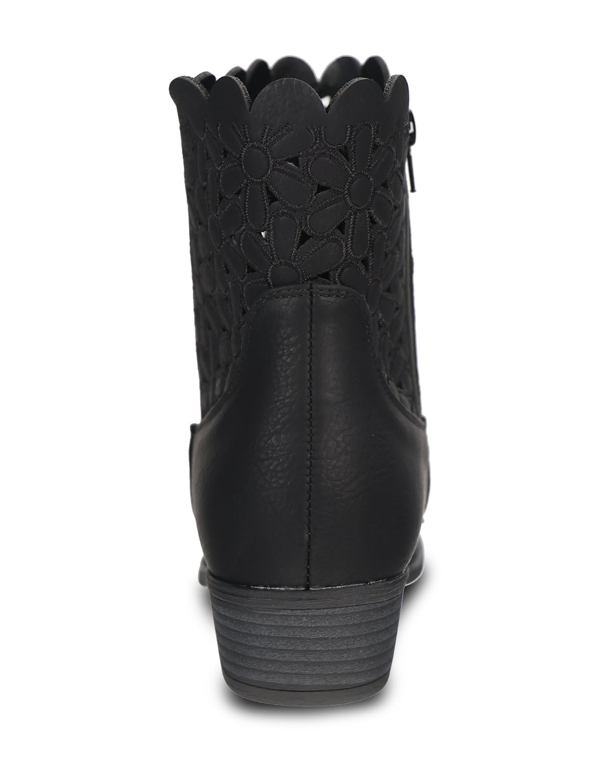 Black ankle boot with a scalloped floral cutout pattern on the shaft and a low stacked heel, shown from a rear three-quarter view on a white background.