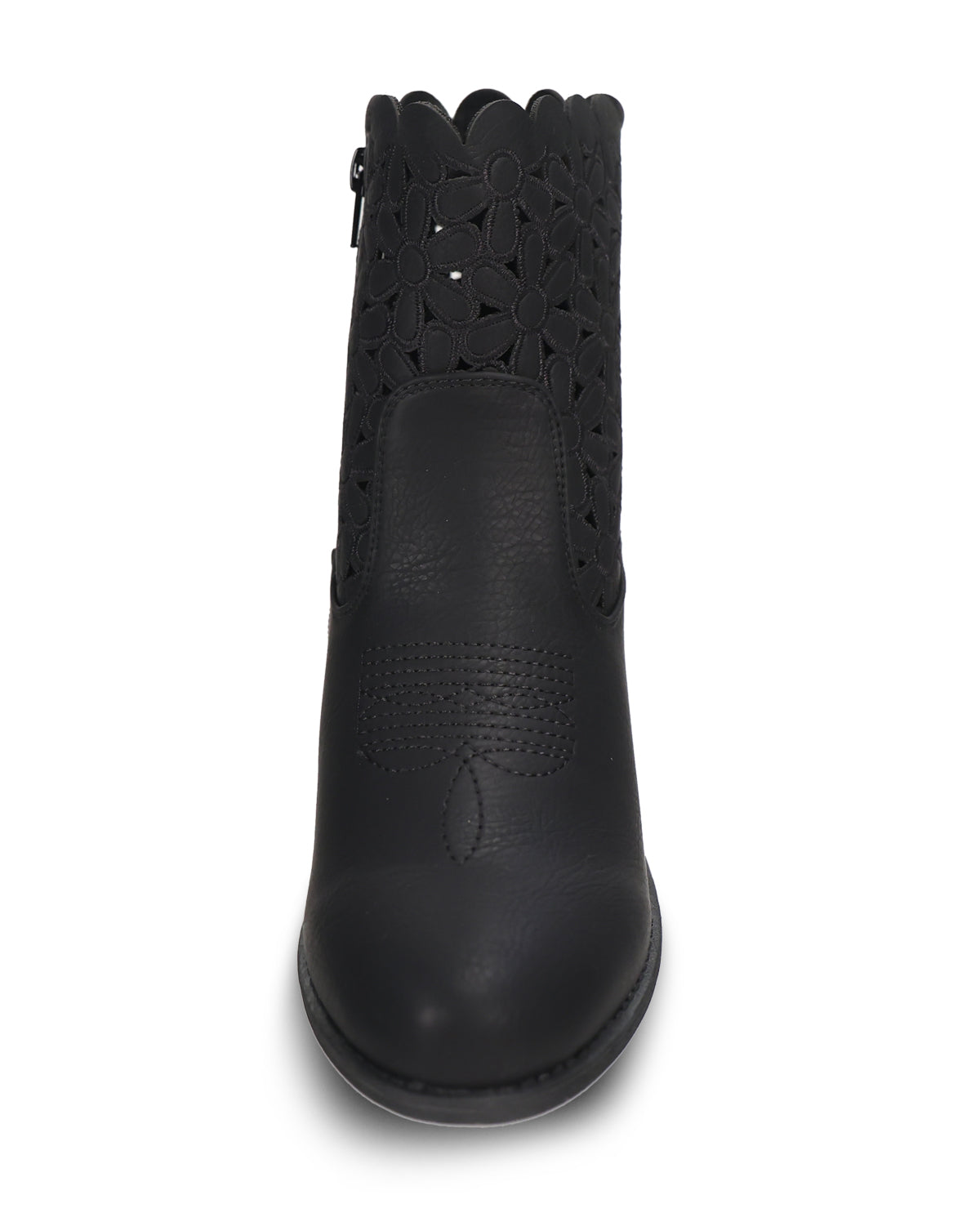 A black leather ankle boot with a scalloped edge, laser-cut floral pattern on the shaft, and a pointed toe, shown from a front-facing perspective on a white background.