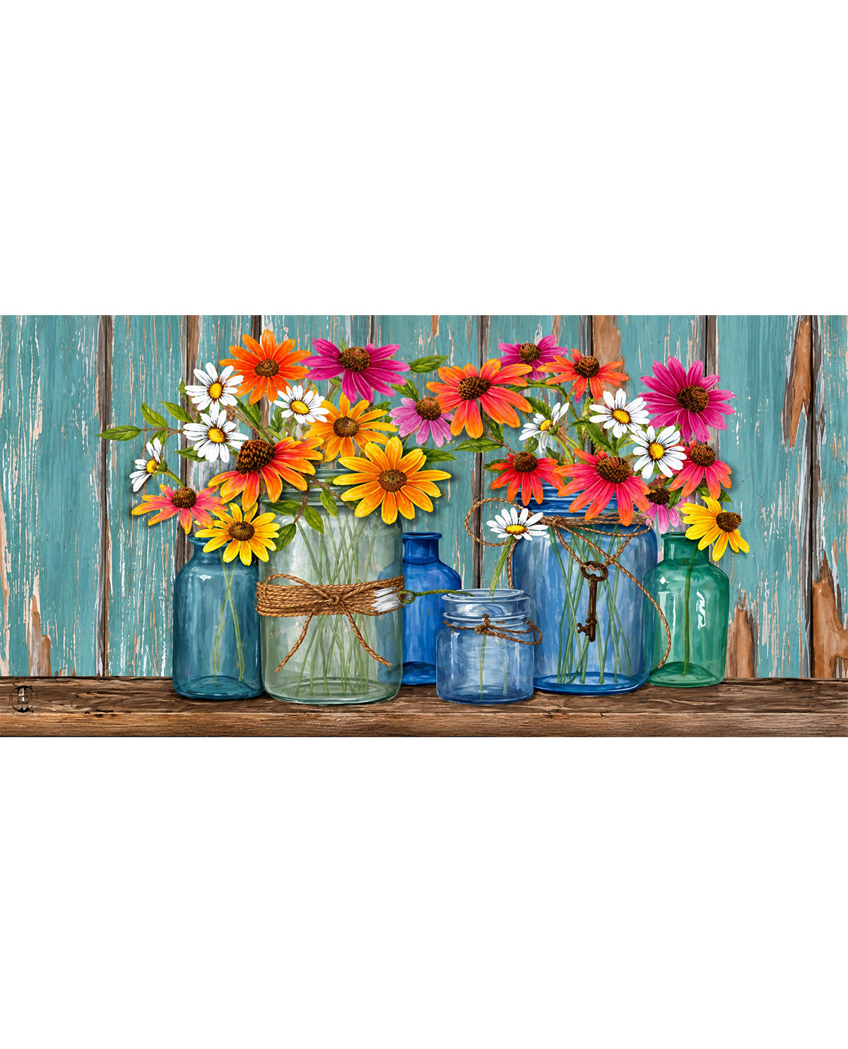 Colorful flowers in jars on a wooden surface with a wooden fence background