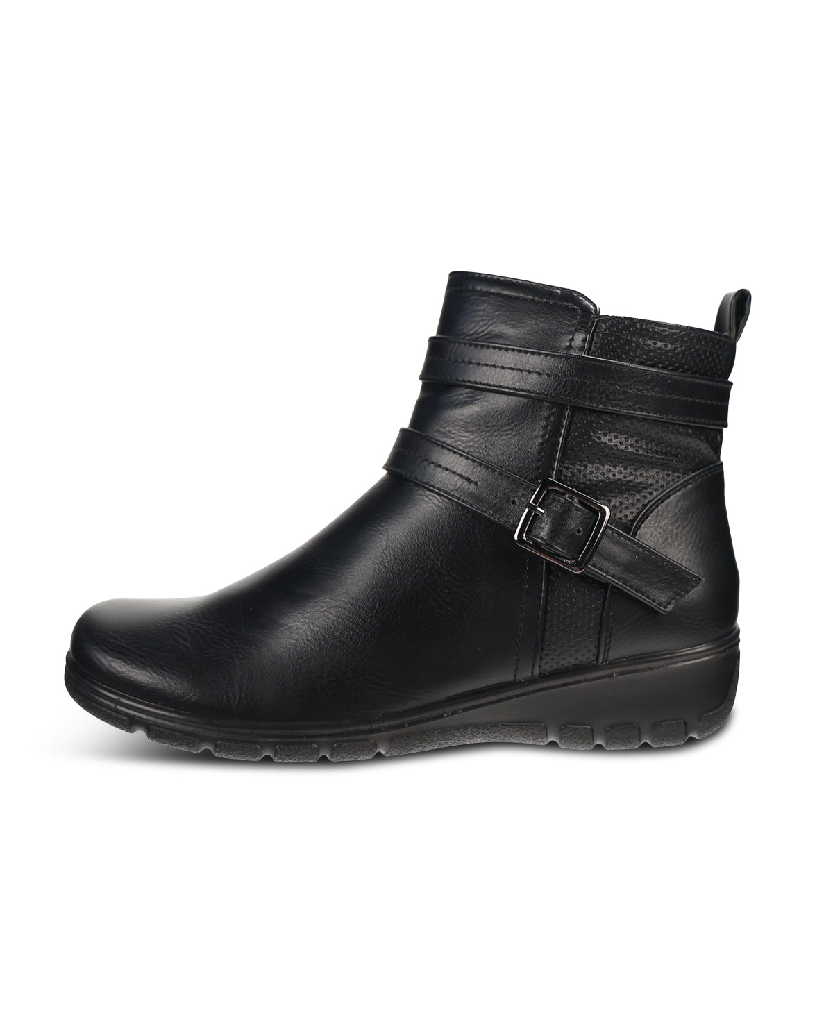 Black ankle boot with buckle on a white background