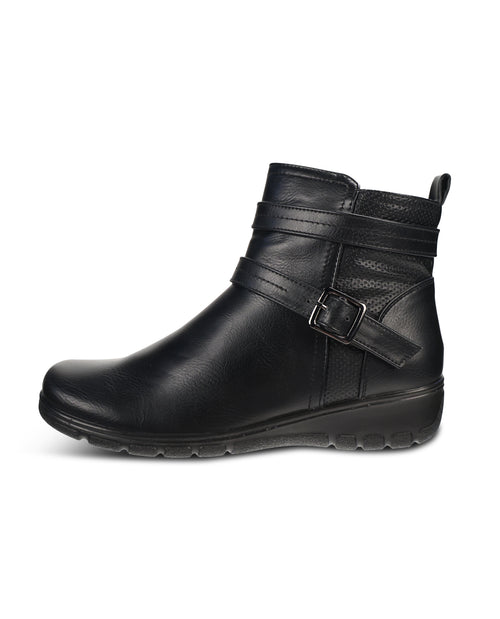 Black ankle boot with buckle on a white background