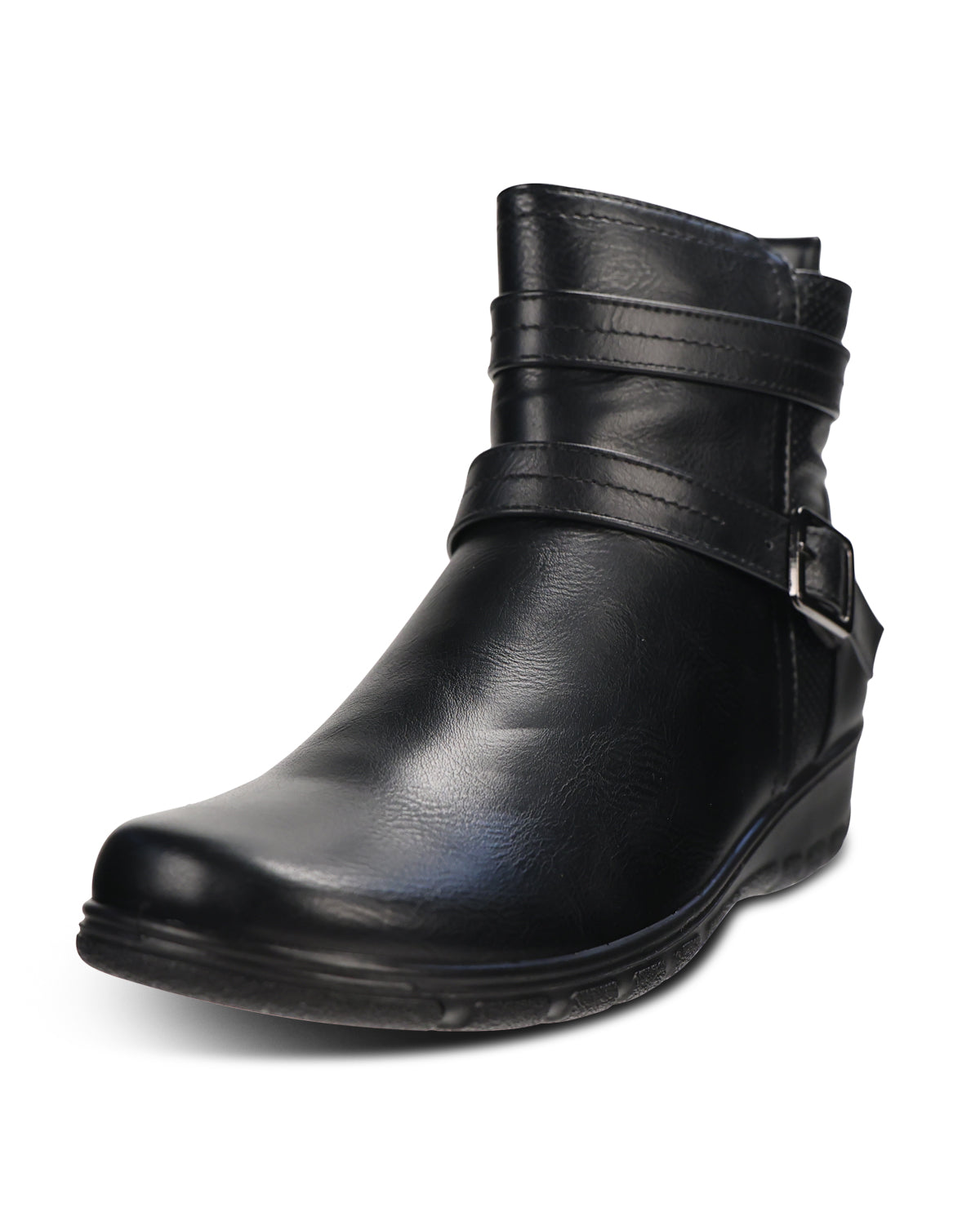 A single black leather ankle boot with a low wedge heel, featuring a decorative strap across the instep with a silver-tone buckle, shown against a plain white background.