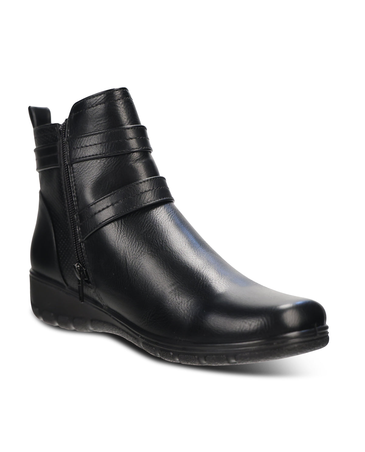A black leather ankle boot with a side zipper, decorative straps around the front, and a low wedge heel, shown on a white background.