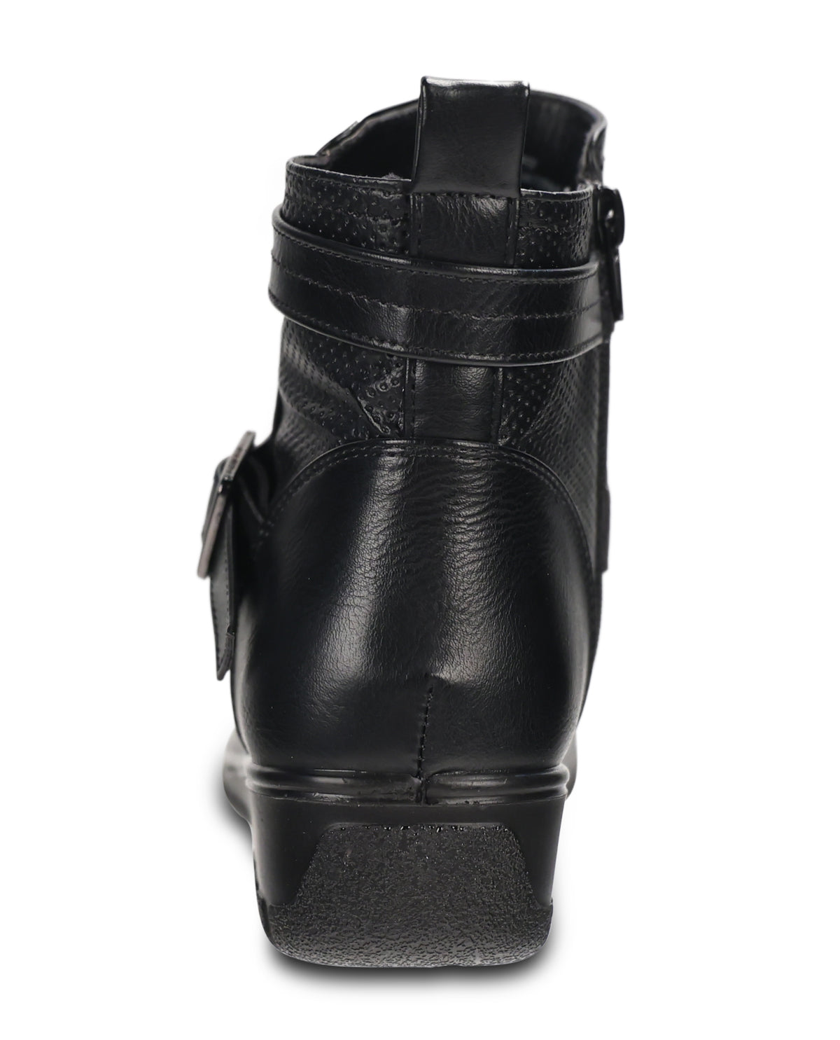 A black leather ankle boot shown from a rear view, featuring a textured leather upper, side buckle strap detail, and a low wedge heel, set against a plain white background.