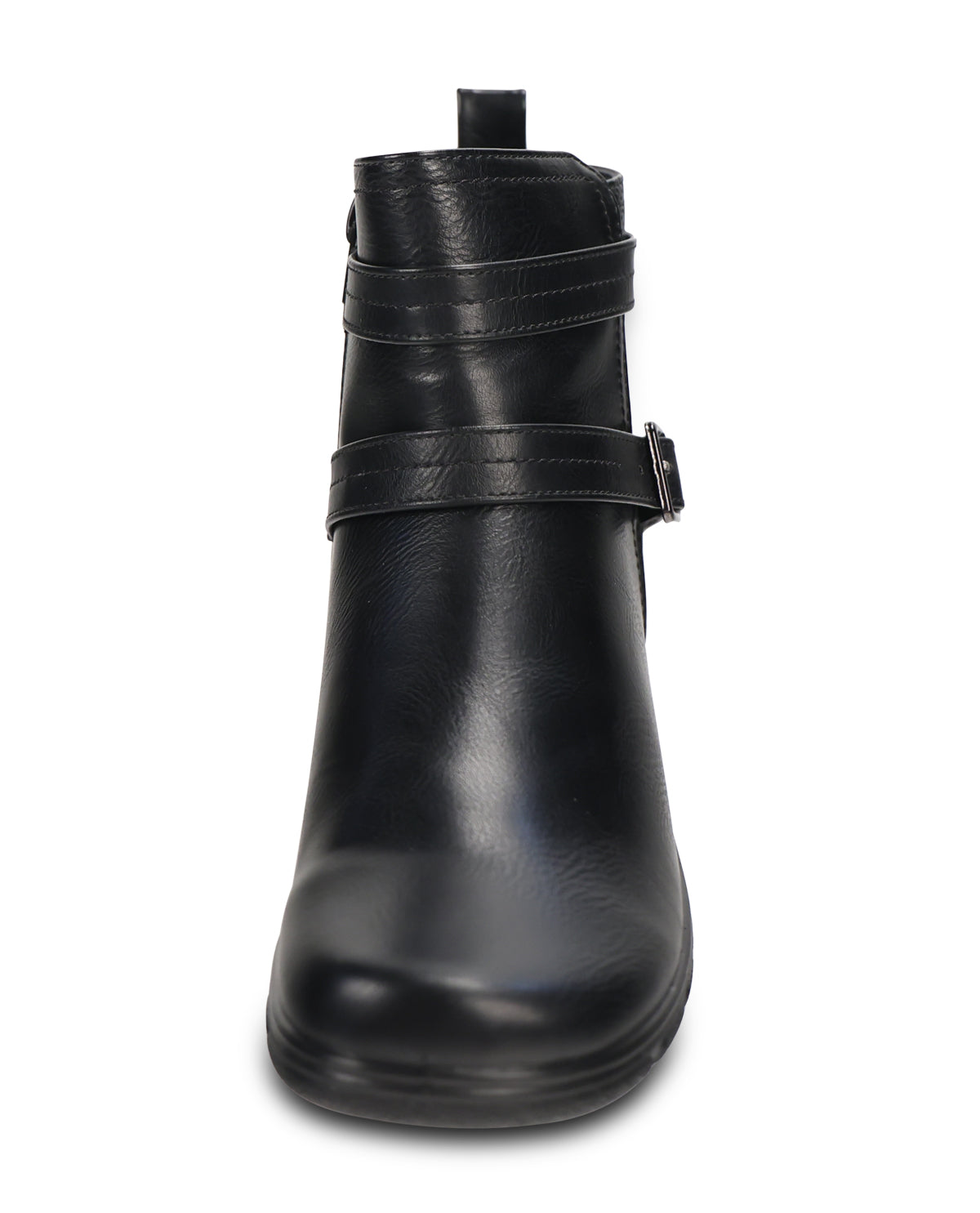 A black leather ankle boot with a side buckle strap, shown from a front-facing perspective on a white background.