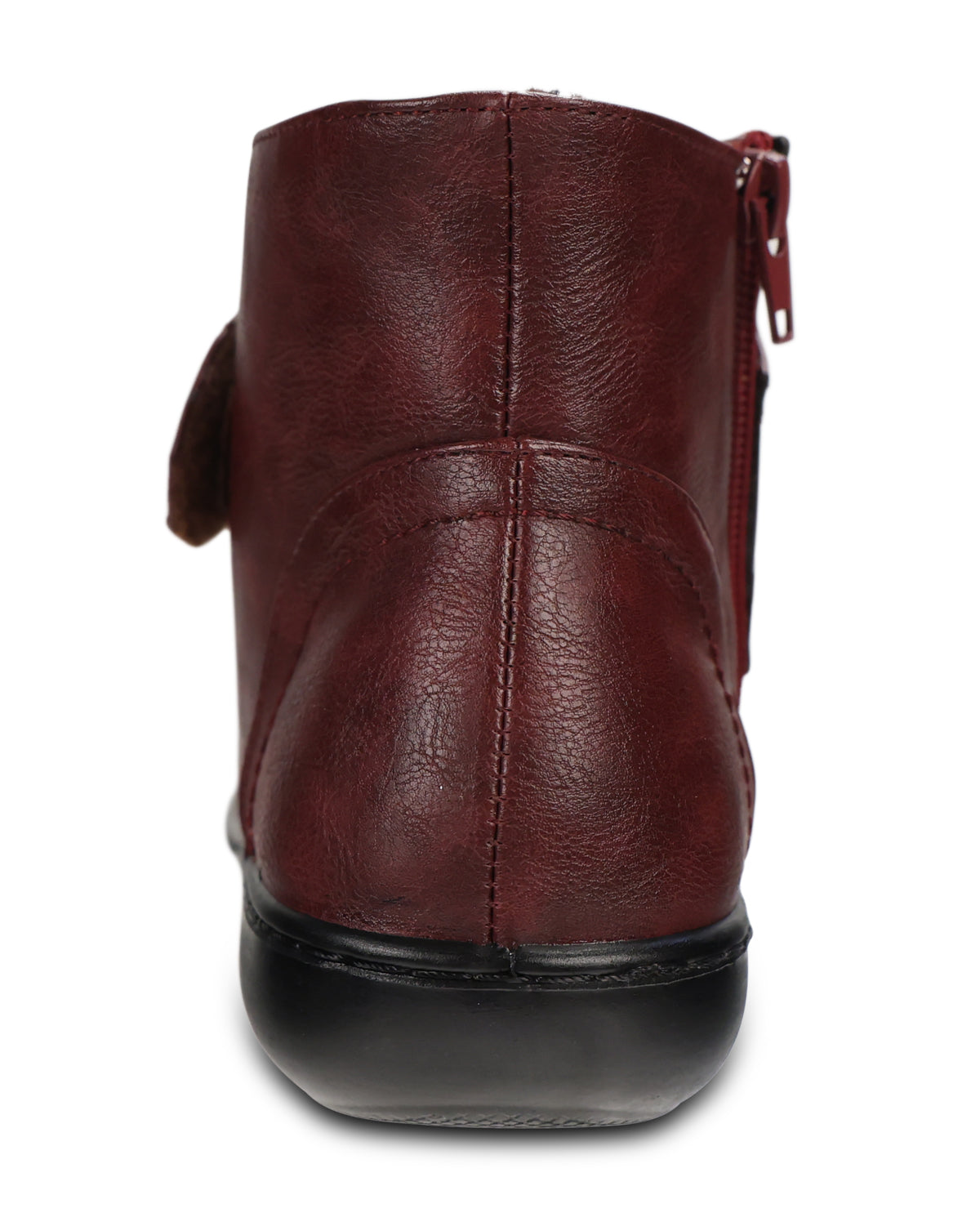 A single dark red faux leather ankle boot shown from the back, featuring a black sole and a side zipper.
