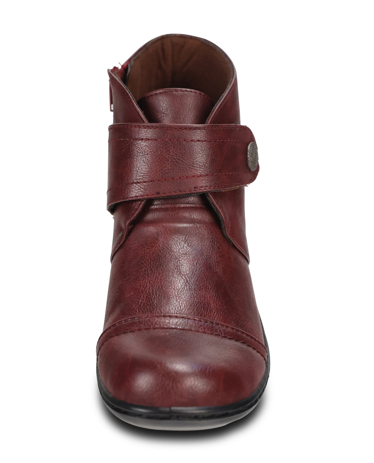 A single dark red leather ankle boot with a wide strap across the instep and a silver-tone metal snap button, shown against a plain white background.