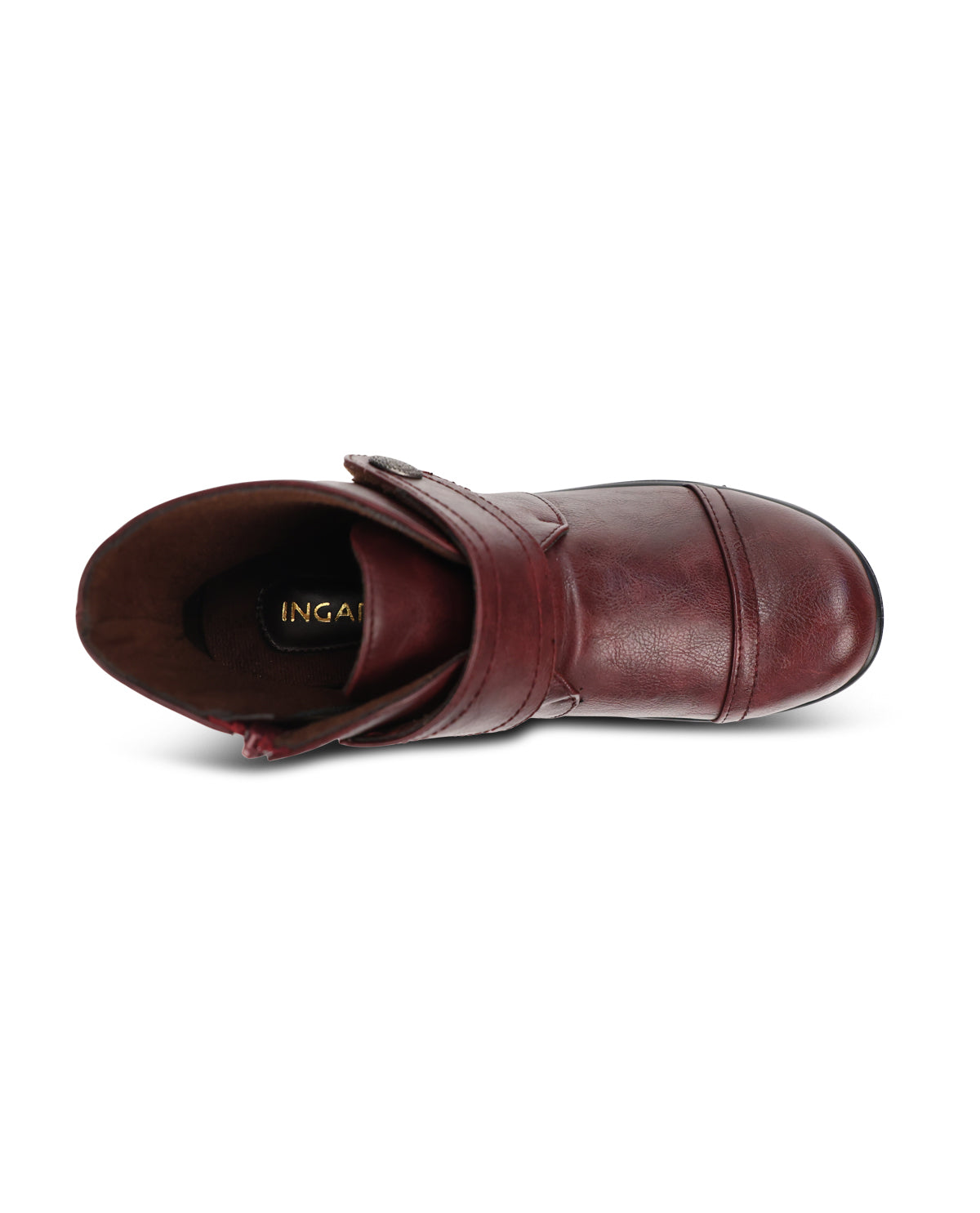 A single dark red leather ankle boot with a strap closure and a decorative metal button, shown from a side profile on a white background.