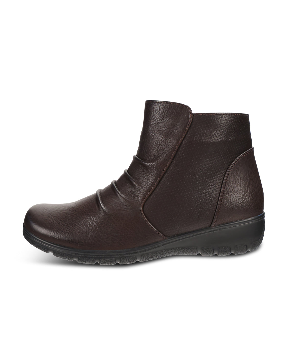 A dark brown pebbled leather ankle boot with a low black sole, shown in a side profile view against a plain white background.