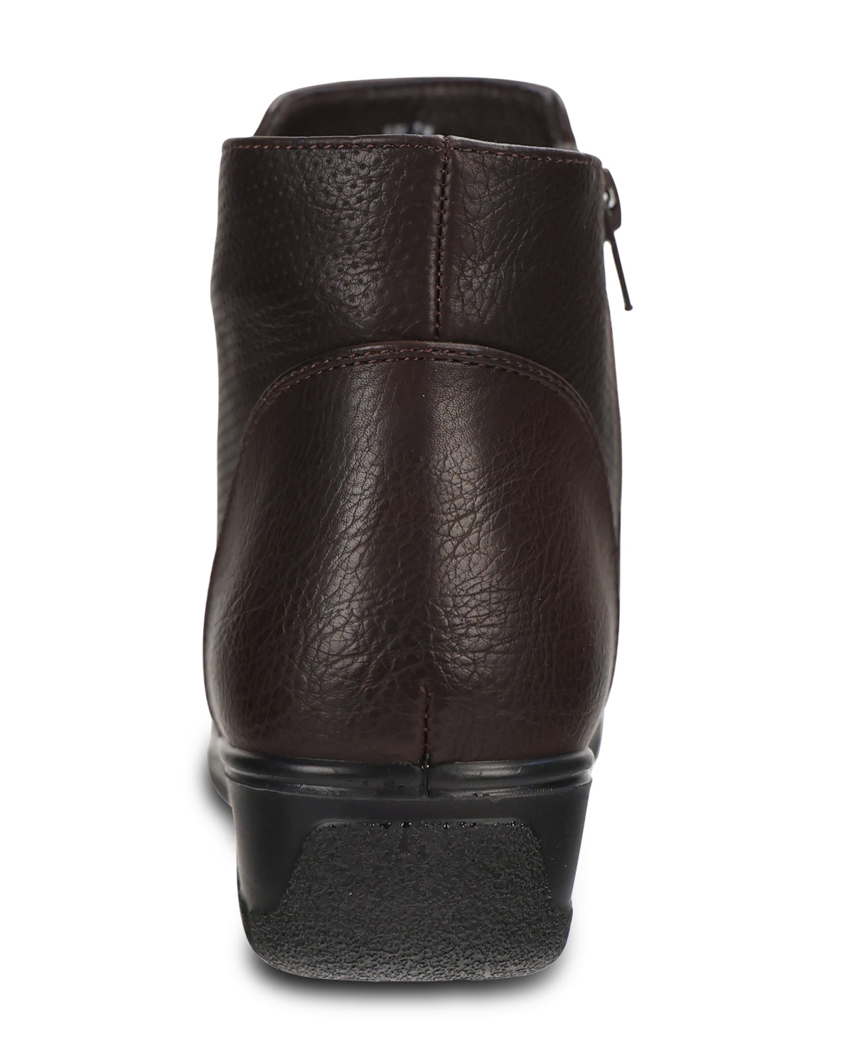 A dark brown textured faux-leather ankle boot shown from a rear three-quarter view, featuring a black wedge heel and sole, on a white background.