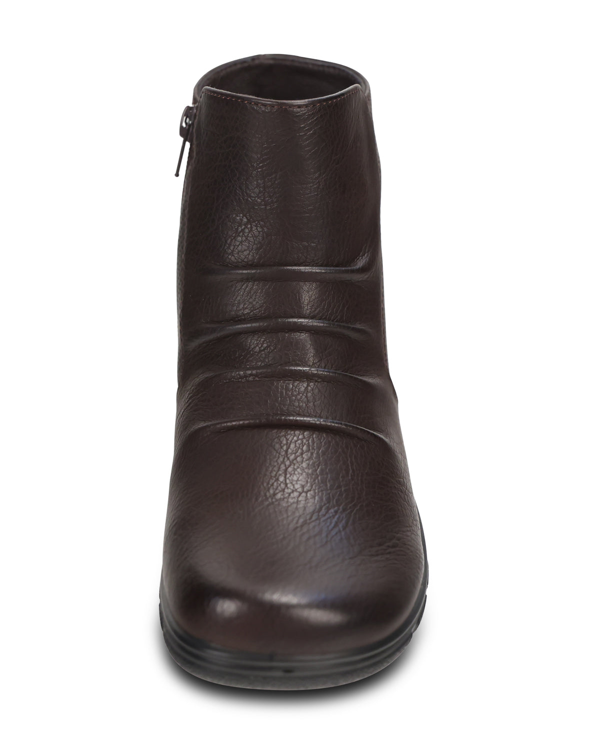 A dark brown faux-leather ankle boot with a side zipper, shown from a front-facing perspective on a white background.