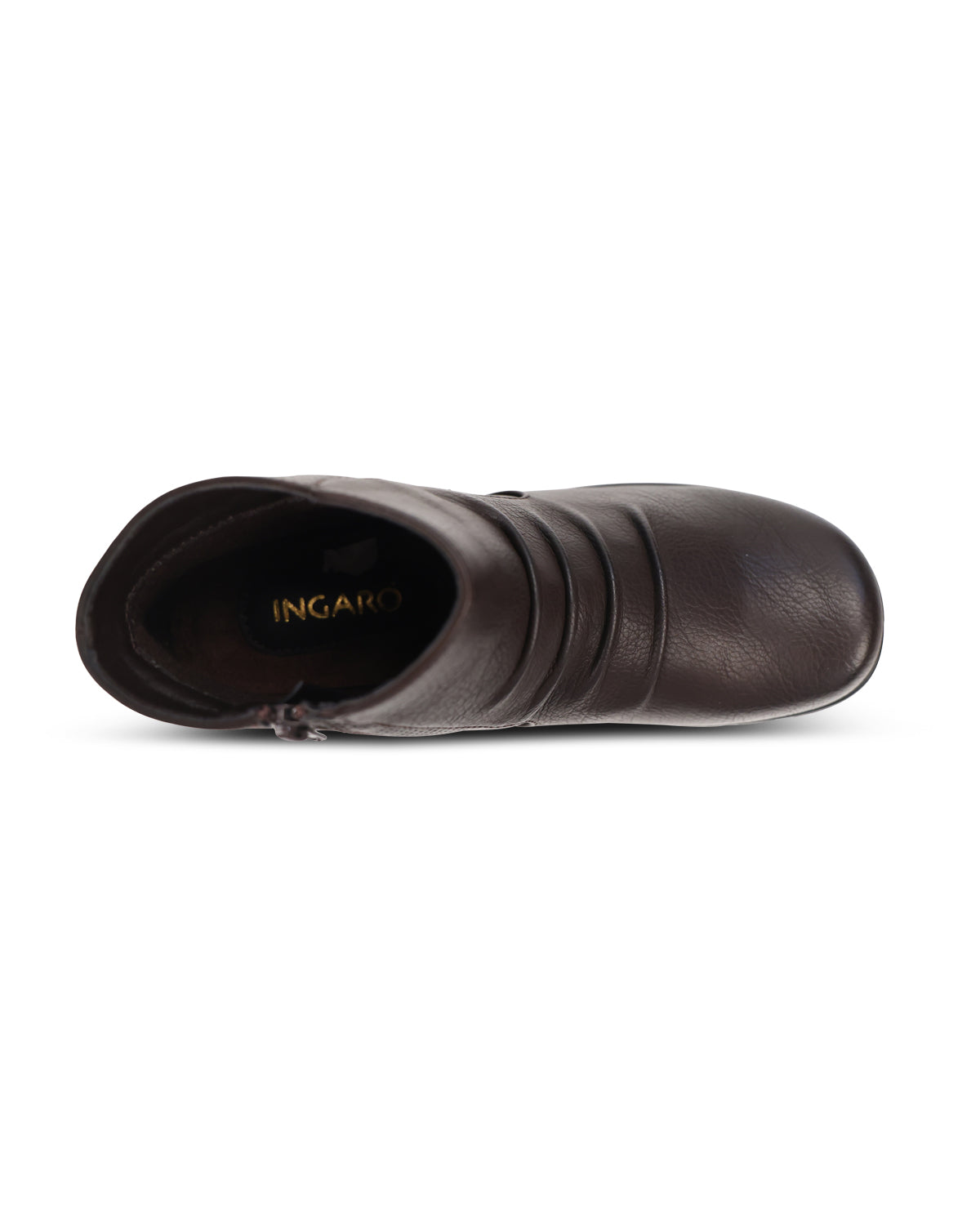 A dark brown leather ankle boot shown from a side profile view against a plain white background, with the brand name 'ingaro' printed in gold on the inner sole.