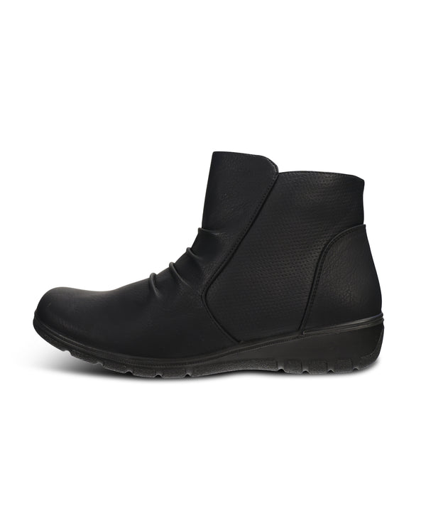 A single black ankle boot with a textured side panel and a low, chunky sole, shown in profile against a plain white background.