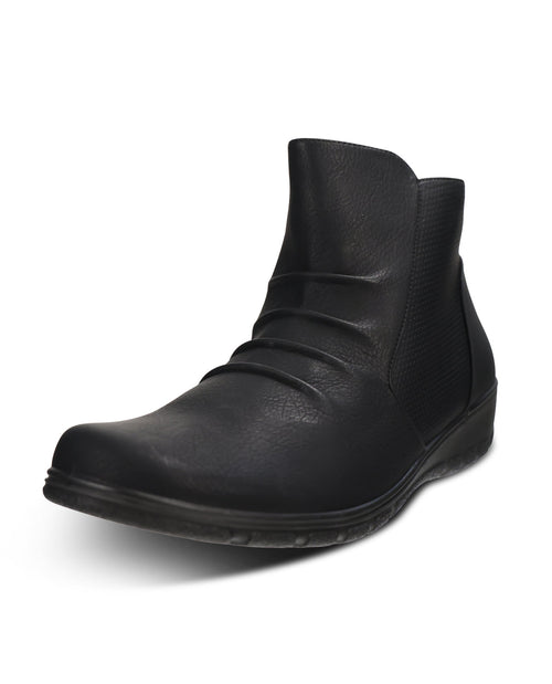 A single black ankle boot with a textured leather upper, elastic side panels, and a low black sole, shown on a plain white background.