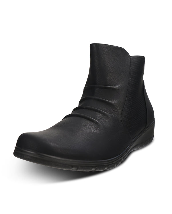 A single black ankle boot with a textured leather upper, elastic side panels, and a low black sole, shown on a plain white background.