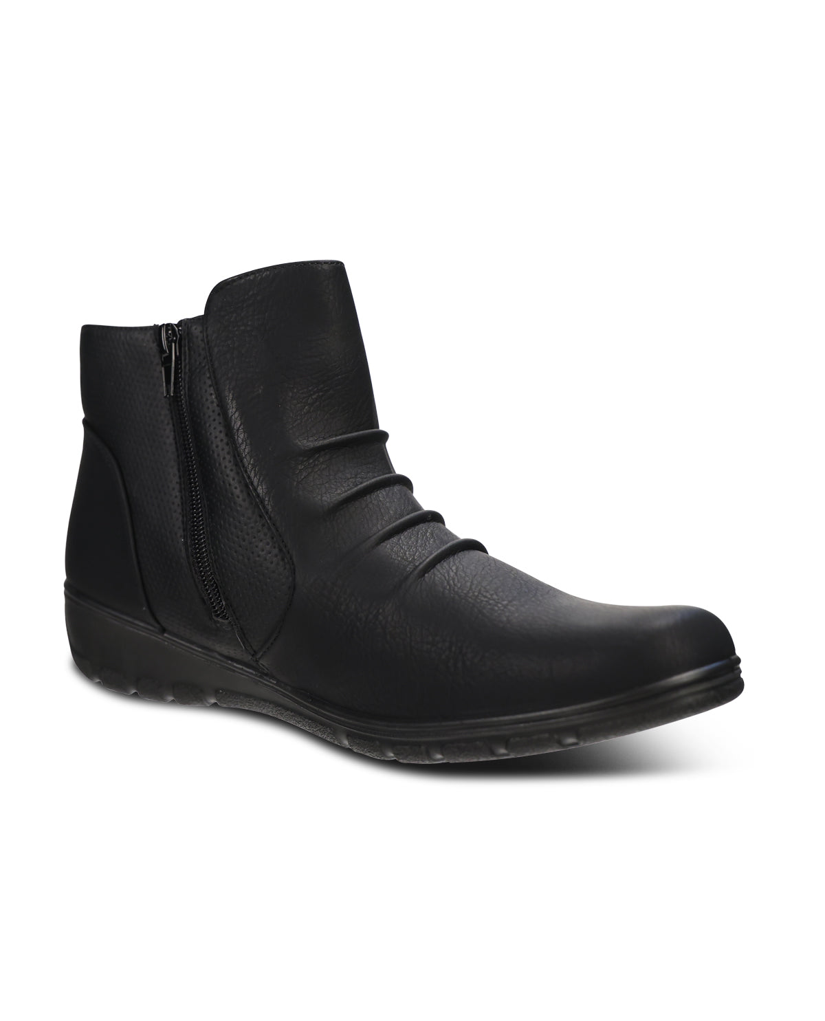 A single black ankle boot with a side zipper, shown from a three-quarters angle on a white background.